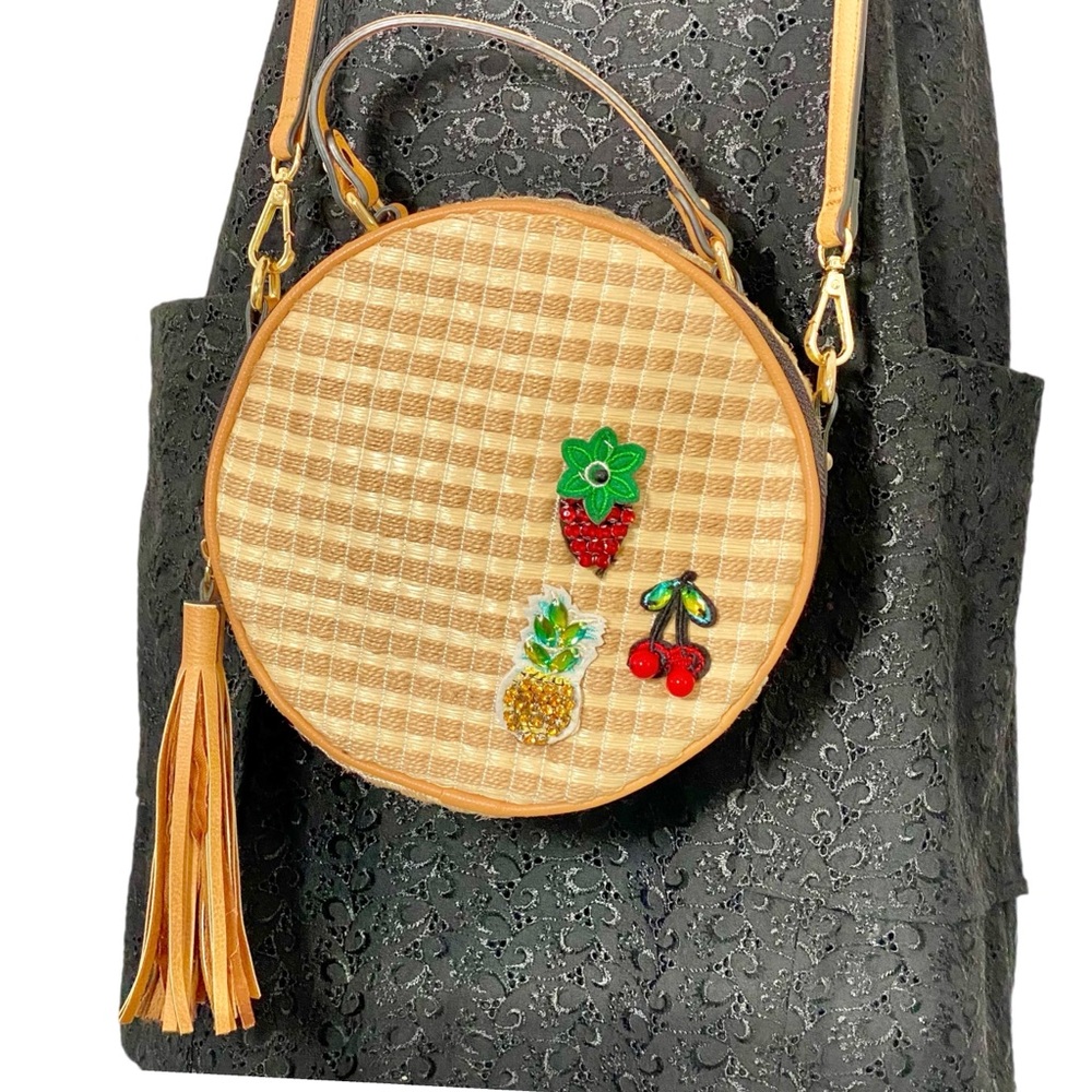 Nieman Marcus 8” Round Tweed Crossbody Handbag w/ Beaded Fruit Appliqués